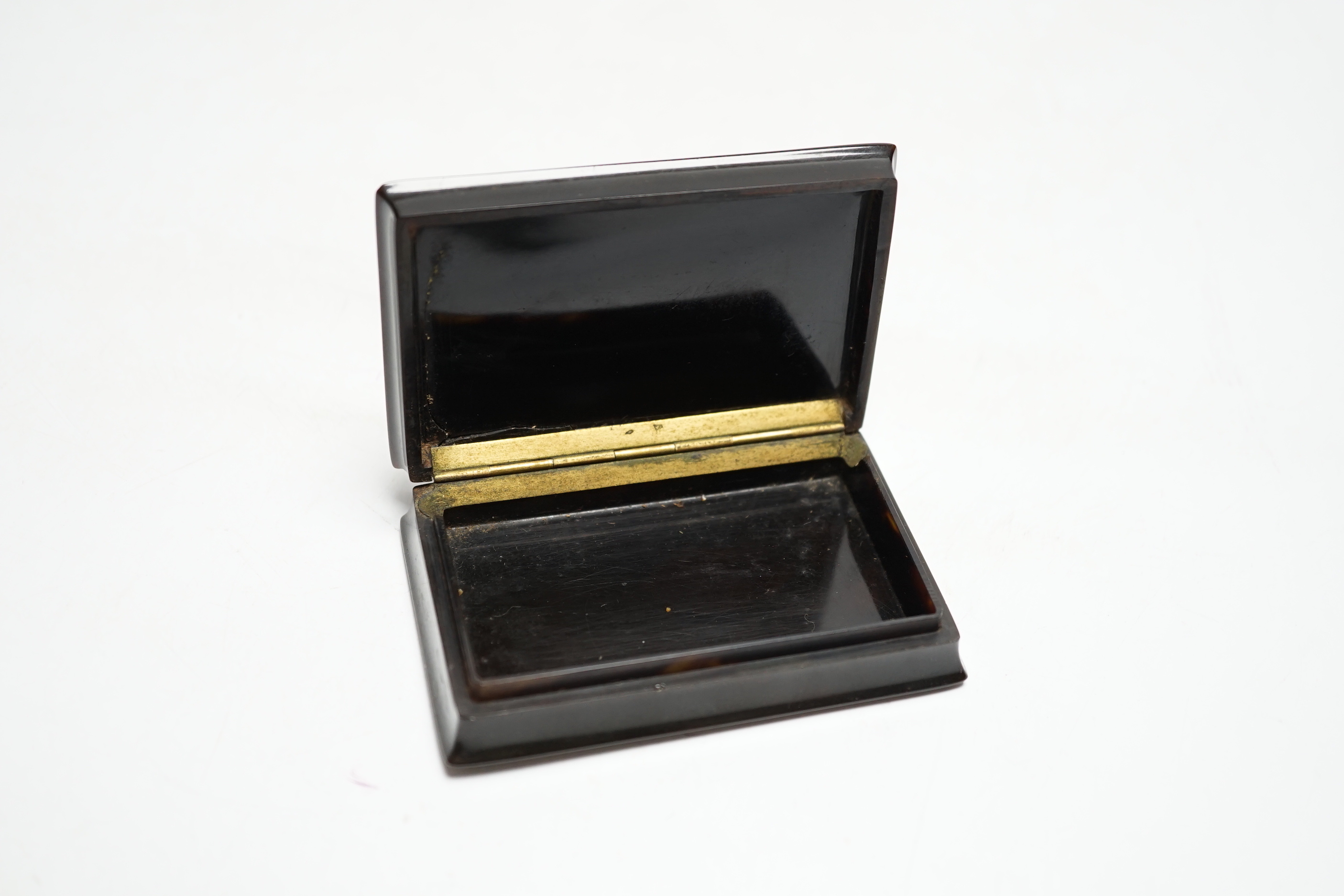 A 19th century tortoiseshell table snuff box, the hinged lid painted with an Egyptian battle scene, 9cm wide x 5.5cm deep